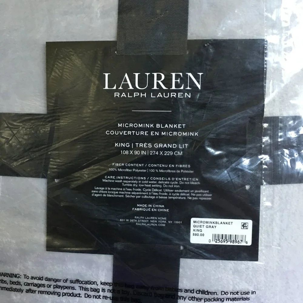 Lauren Ralph Classic KING Grey Soft Plush Blanket Coverlet Gift Bag Set